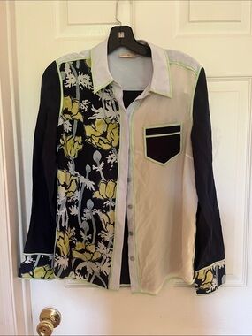 Tory Burch Black & Yellow Floral Contrast Button-Down Shirt. Size 8